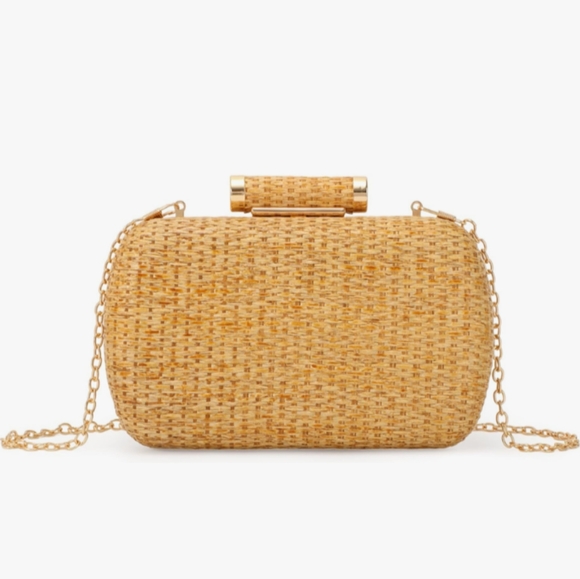 Tan Rattan Hard Case Clutch Purse Woven Wicker Handbag Crossbody Bag Long Chain - Picture 10 of 13